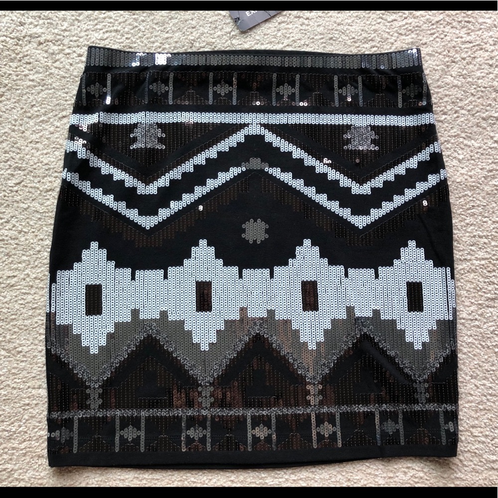 Express Sequin Mini Skirt Aztec Tribal Bling Black